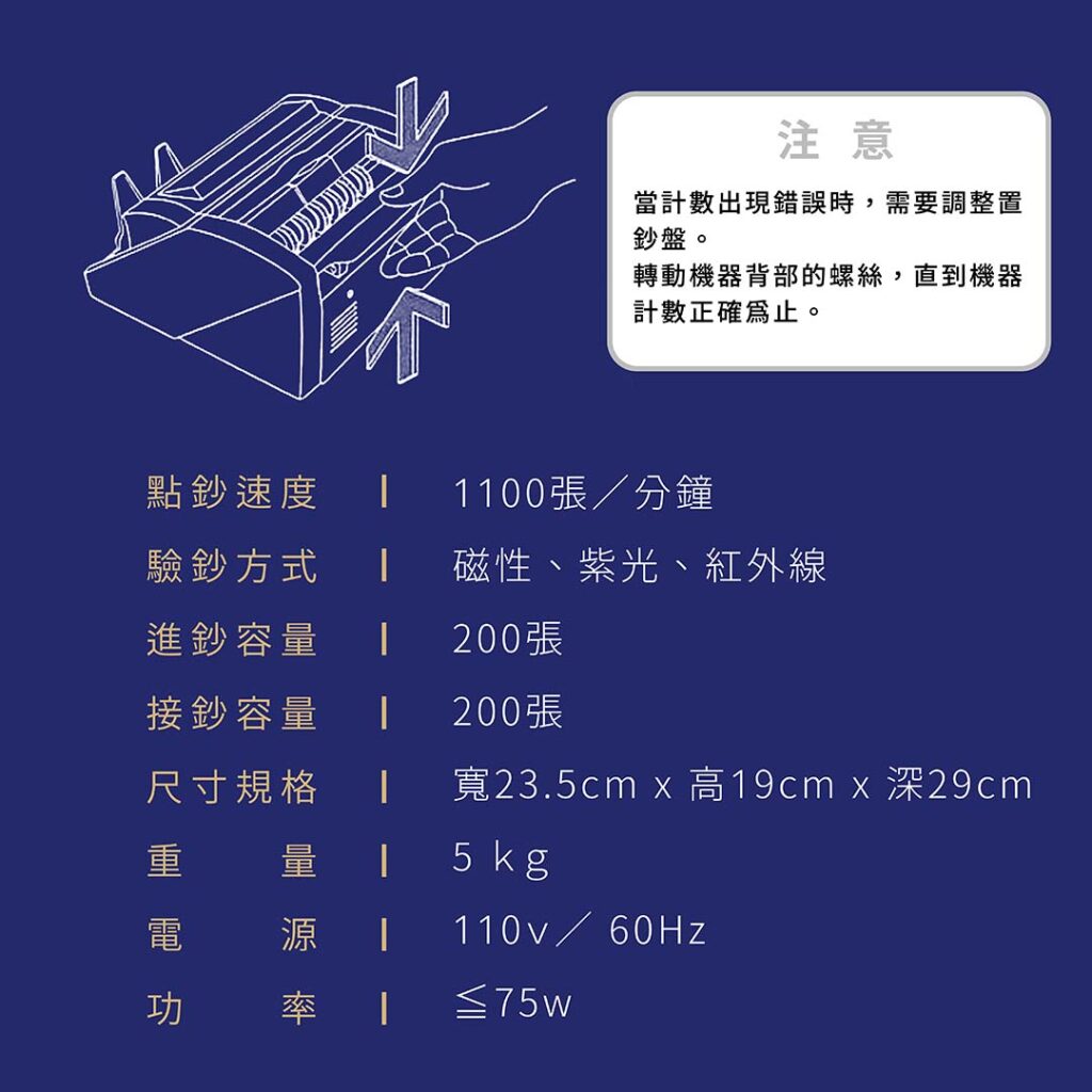 注意：當計數出現錯誤時，需要調整置
鈔盤。轉動機器背部的螺絲，直到機器
計數正確為止。